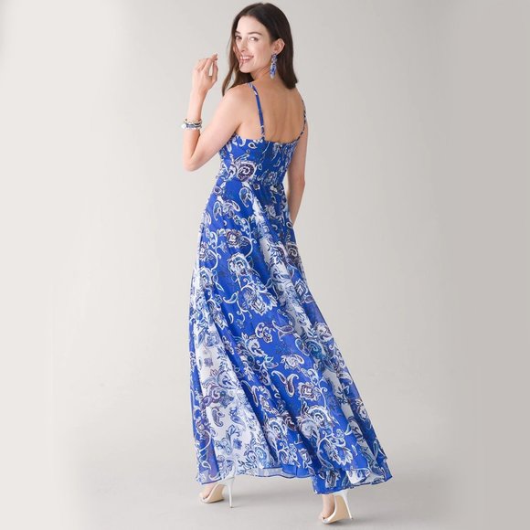 WHBM Mixed Print Chiffon Maxi Dress Paisley Bali Blue 4 - Picture 6 of 11
